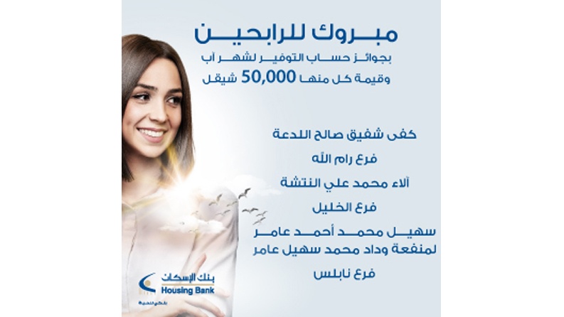 بنك الإسكان يعلن عن الفائزين بجوائز حسابات التوفير لشهر آب 2021 