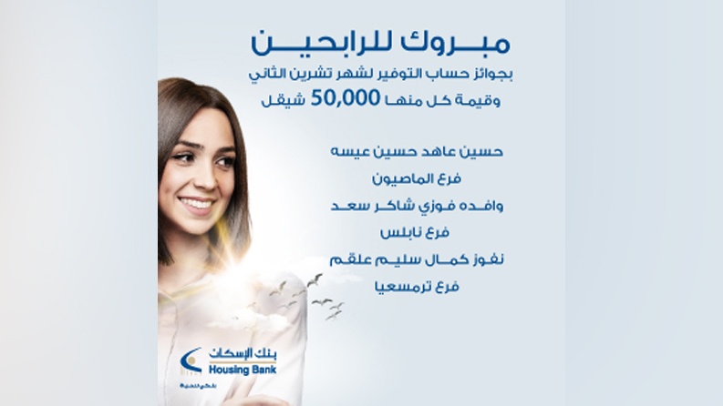 بنك الإسكان - فلسطين يعلن عن الفائزين بجوائز حسابات التوفير لشهر تشرين ثاني 2021