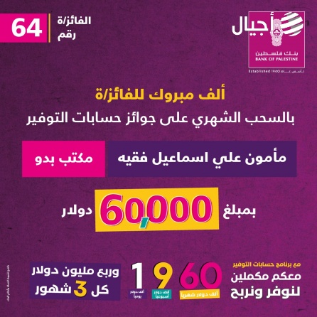 بنك فلسطين يعلن اسم الفائز بجائزة حسابات التوفير الشهرية وقيمتها 60 ألف دولار أمريكي