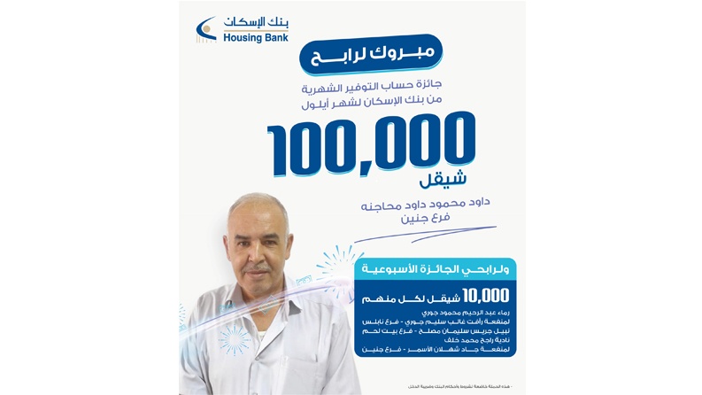 بنك الإسكان - فلسطين يعلن عن الفائزين بجوائز حسابات التوفير لشهر أيلول 2022 