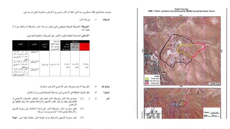 الاحتلال يخطر بالاستيلاء على أراضٍ في دير دبوان وشق طريق عسكري شرق رام الله